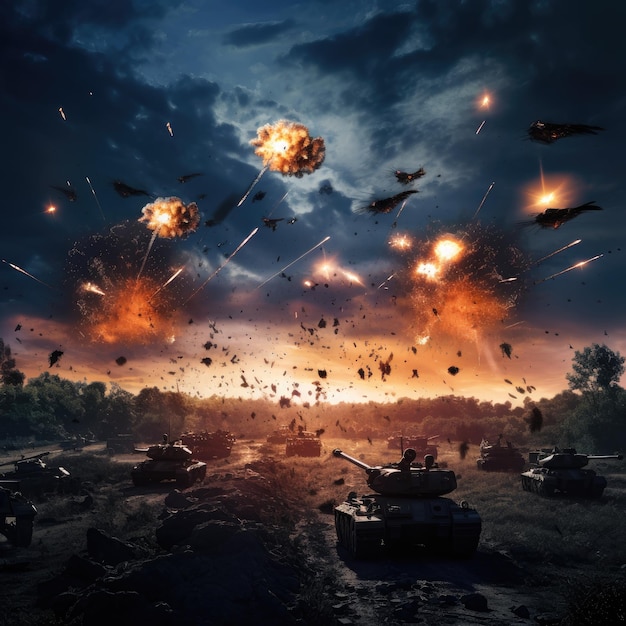 Tanks engage in a fierce battle while drones hover above providing tactical support and