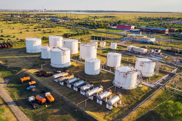 Tanks with petroleum products are among the fields near the village The view from the top aerial view Fuel Storage Tank