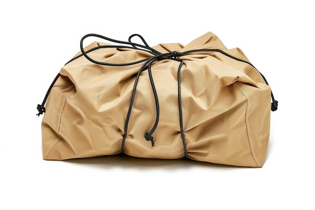 Photo a tanned canvas bag tied with black cords in a still life composition