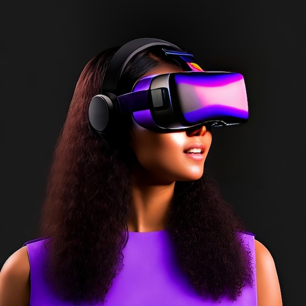 Tanned woman wearing VR headset Black Background