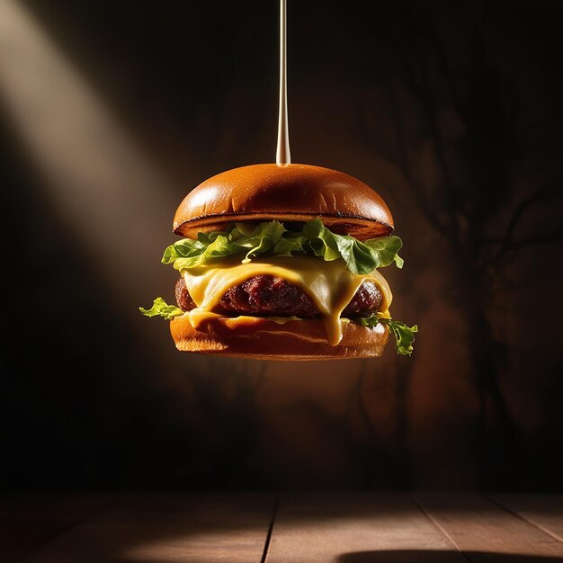 A tantalizing burger suspended in midair its juicy patty melted cheese