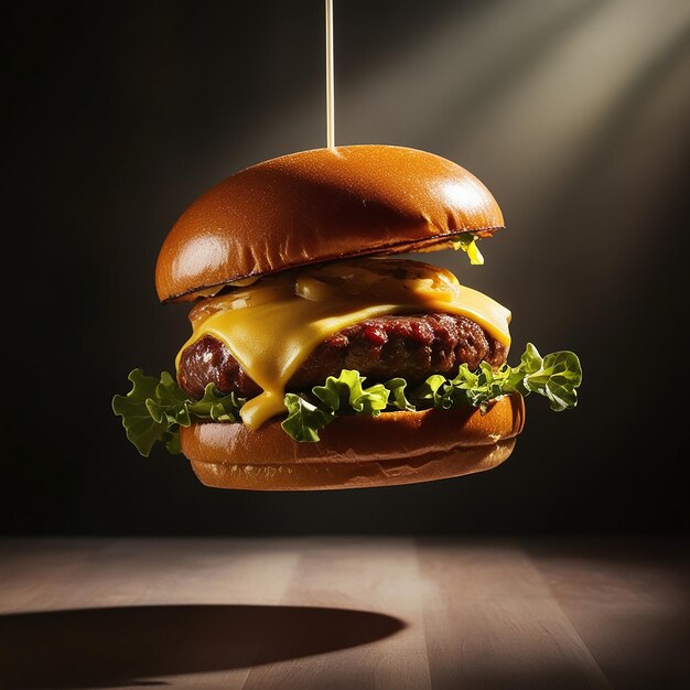 A tantalizing burger suspended in midair its juicy patty melted cheese