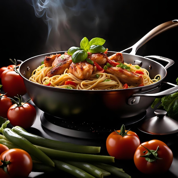 Tantalizing Chicken and Veggie Spaghetti Twists Dancing in a Pan on a Shadowy Black Stage