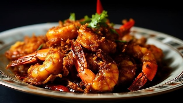 Tantalizing Chinesestyle prawn dish plump prawns coated in a glossy soybased sauce stirfried