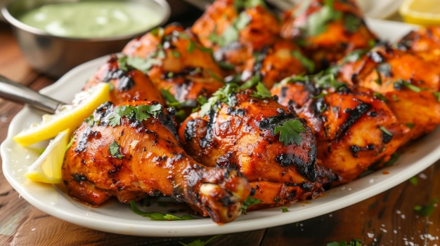 A tantalizing plate of tandoori chicken marinated in yogurt and spices roasted to perfection in a clay oven served with mint chutney and lemon wedges