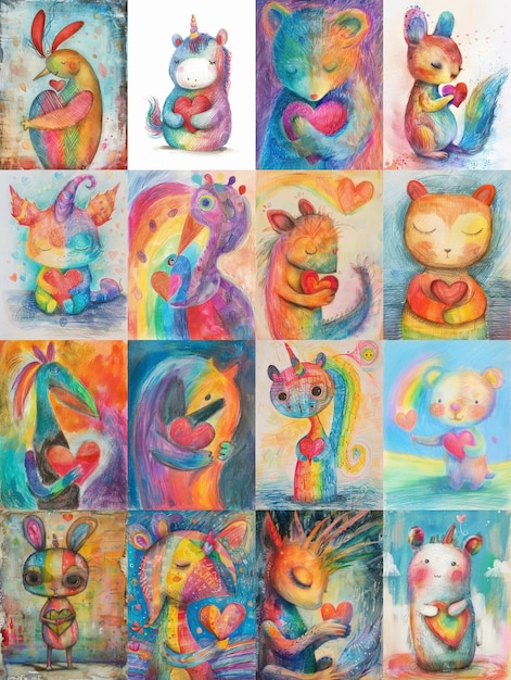 A tapestry of love and color this collection of creatures cradles hearts within their hands