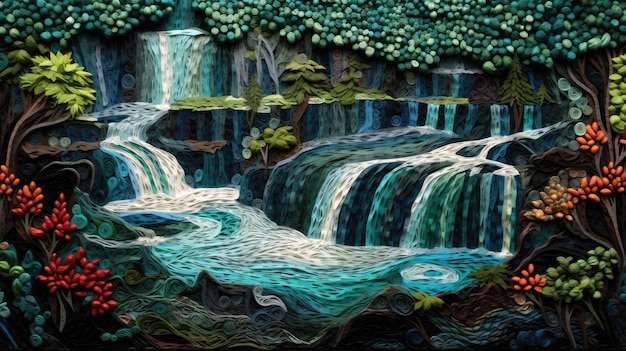 A tapestry of a waterfall with a blue background.