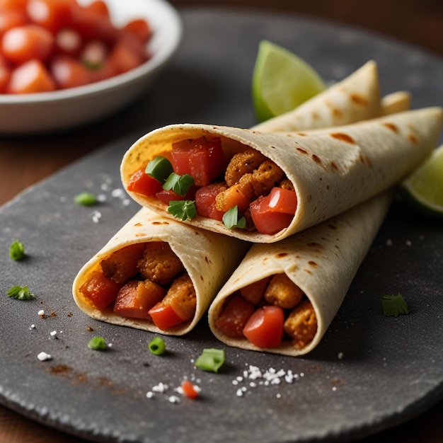 Taquitos with a sprinkle of chopped tomatoes