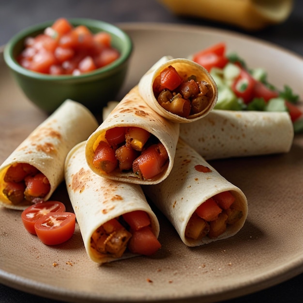 Taquitos with a sprinkle of chopped tomatoes