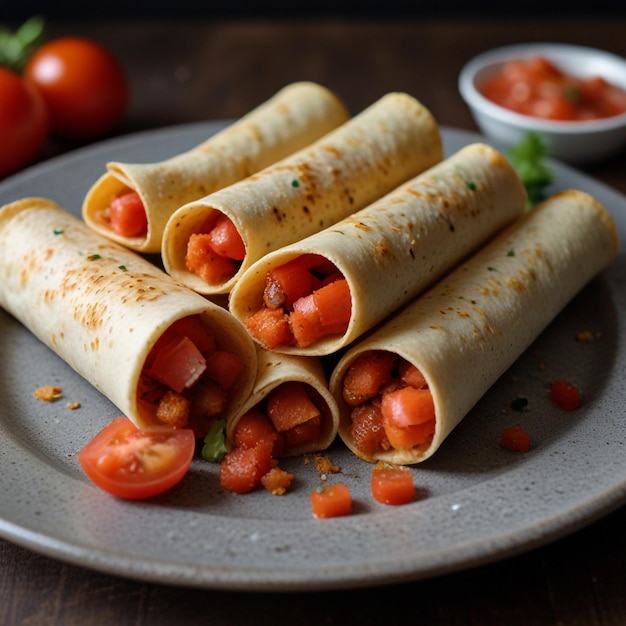 Taquitos with a sprinkle of chopped tomatoes