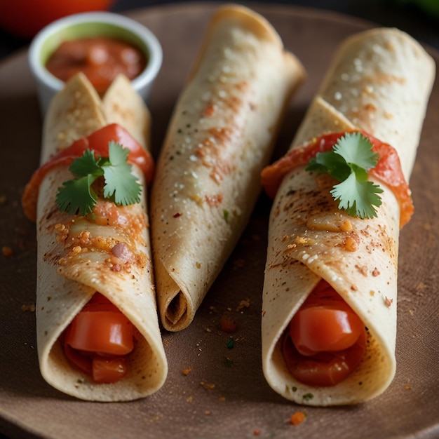 Taquitos with a sprinkle of chopped tomatoes