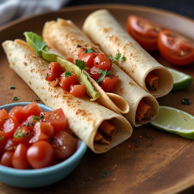 Taquitos with a sprinkle of chopped tomatoes