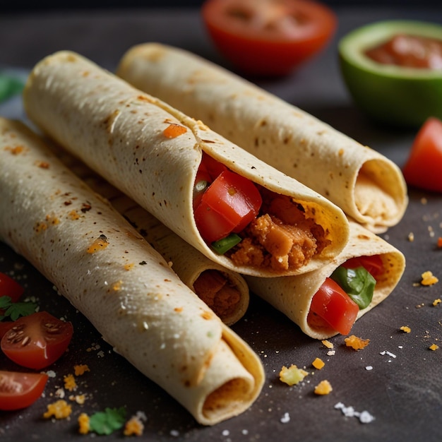 Taquitos with a sprinkle of chopped tomatoes