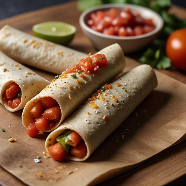 Taquitos with a sprinkle of chopped tomatoes