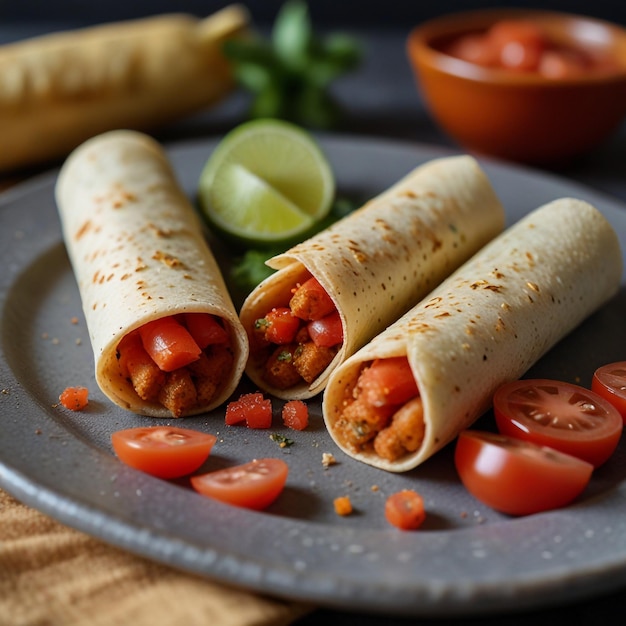 Taquitos with a sprinkle of chopped tomatoes