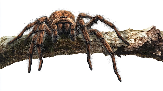 a tarantula is on a branch with a white background