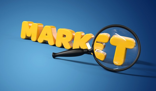 Photo target market word market with a magnifying glass in front blue background