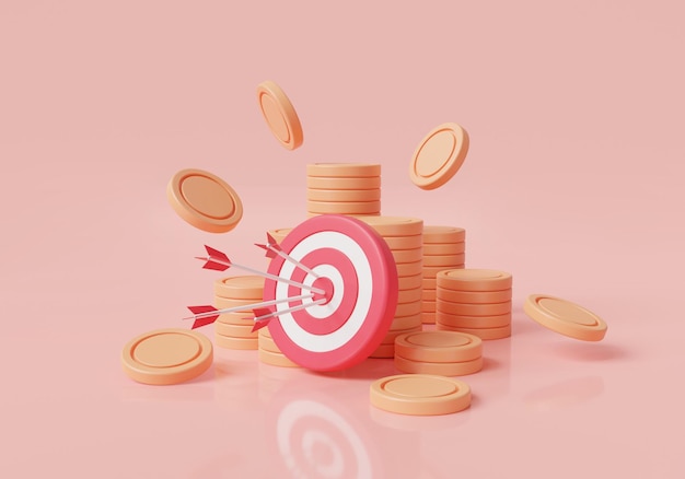 Target with arrow and pile of gold coins saving money Goal setting Targeting the business Dollar stack investment cash profit Business target concept 3d render illustration cartoon minimal