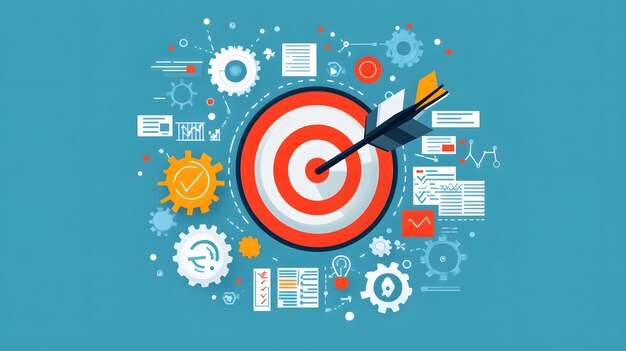 Photo target with arrow surrounded by gears charts and documents