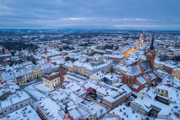 Tarnow in winter Old town Cathedral and city skyline from drone