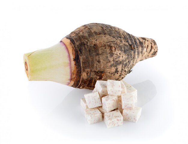 Taro root on white background