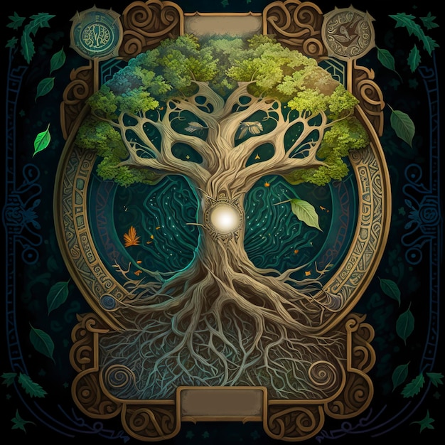 Tarot card representing the world tree, fantasy