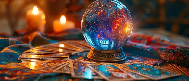 Photo tarot card spread with a glowing crystal ball