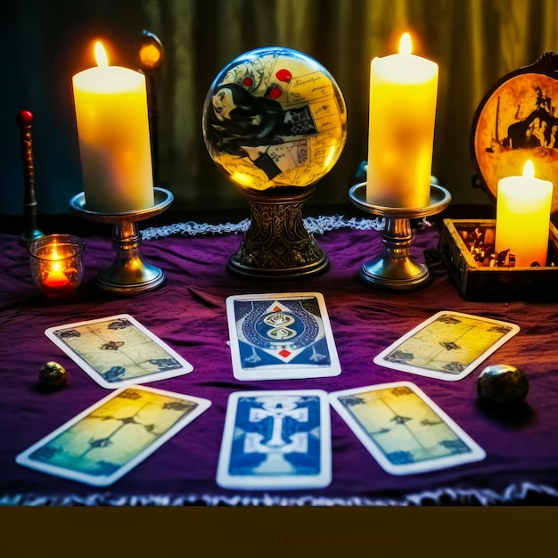 Tarot cards and candles on purple table Generative AI