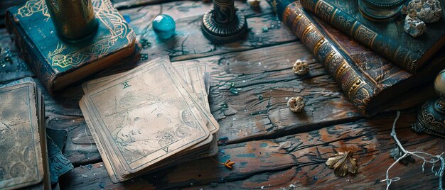 Photo tarot cards and mystical items on a wooden table