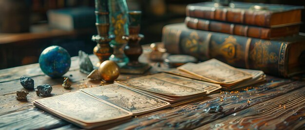 Photo tarot cards and mystical items on a wooden table