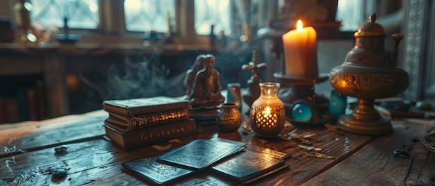 Photo tarot cards and mystical items on a wooden table