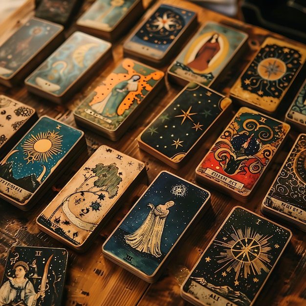 Tarot Cards Spread on Wooden Table