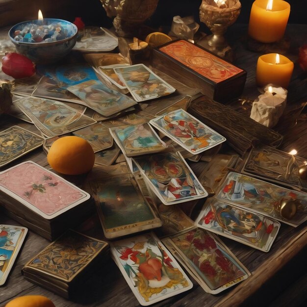 Tarot cards next to still life arrangement