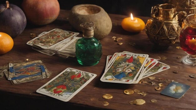 Tarot cards next to still life arrangement