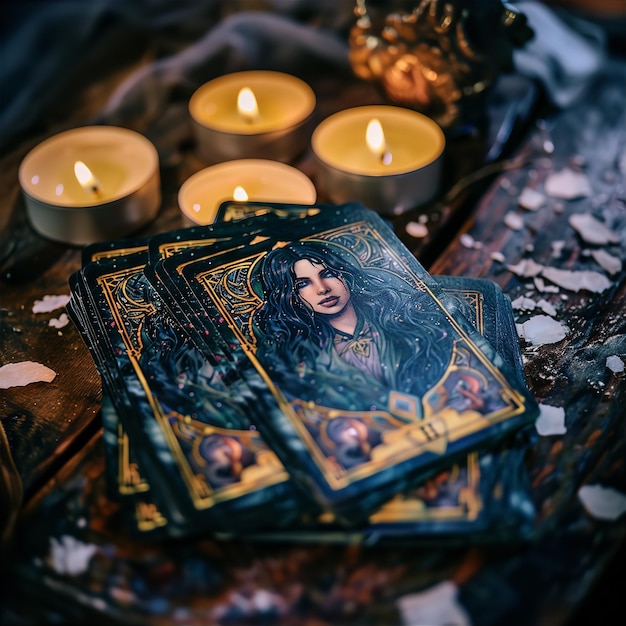 Photo tarot cards with candles on a table