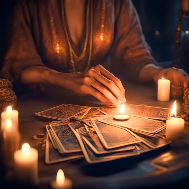 Tarot reader chooses Tarot cards Fortune teller reads cards