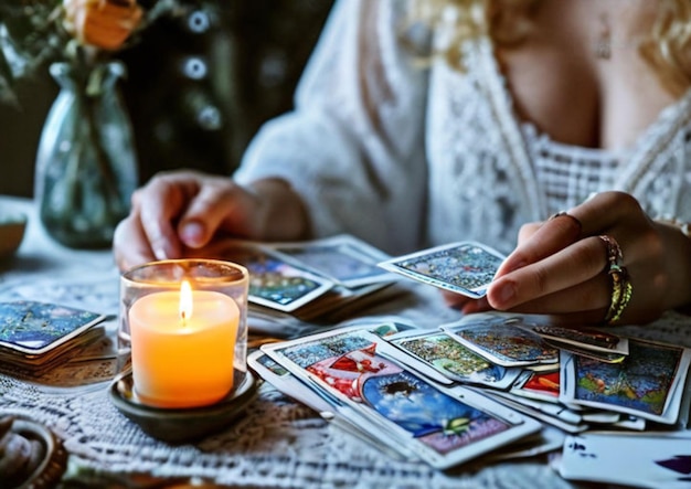 Tarot reading by candlelight cards on the table