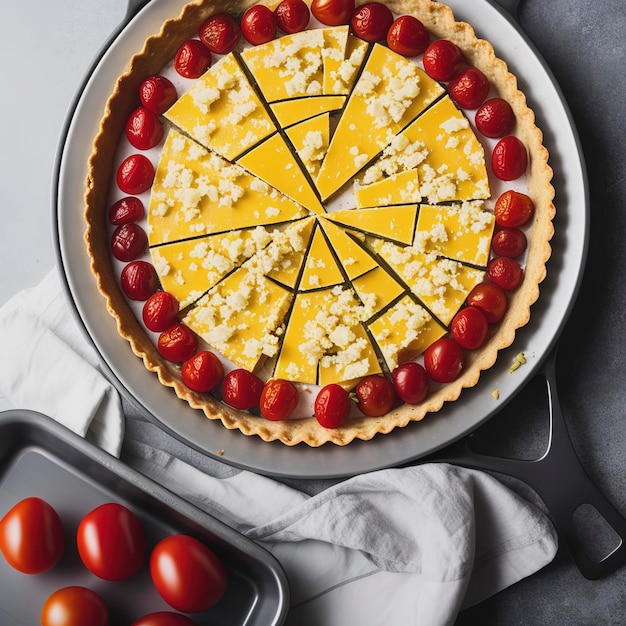 Tart with cherry tomatoes cheese and onions on aluminum baking dish From series Healthy Eating