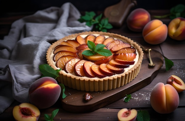 A tart with peaches in the style of brown and black Generative AI