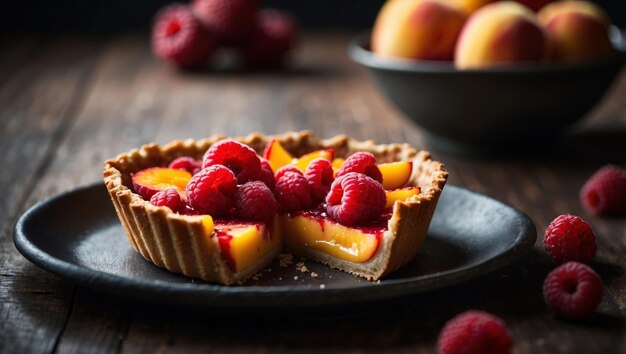 A tart with a slit cut out and topped with raspberries and peaches