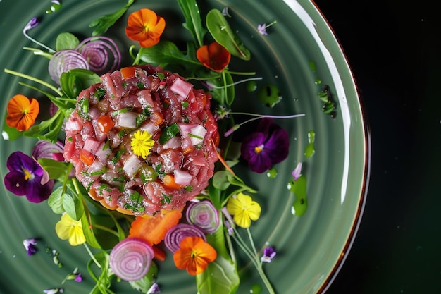 Tartare beef flower salad in Japanese fine dining setting