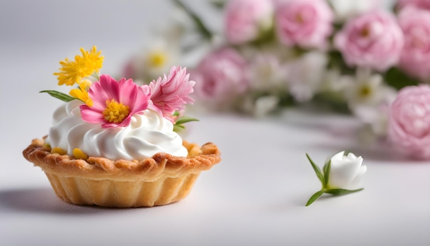 Tartlet cake with whipped cream flower isolated on white