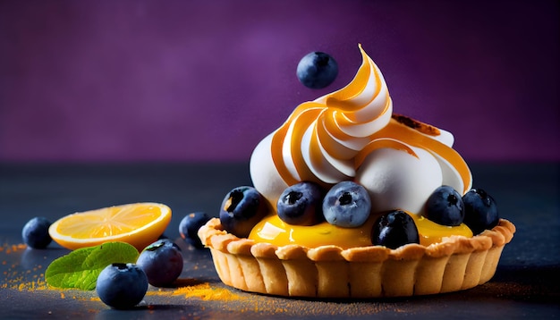 Tartlet with lemon curd blueberries and meringue in closeup shot with Generative AI Technology