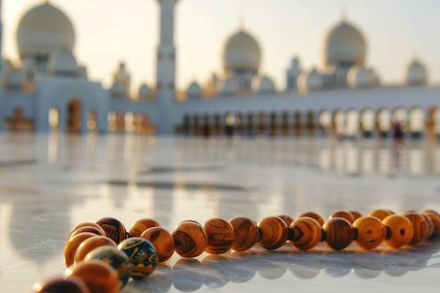 Tasbih beads laid out with a blurred mosque background at sunset