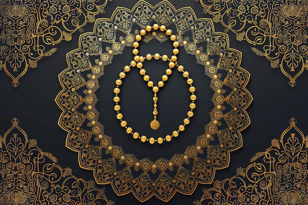 Tasbih prayer beads silhouette greeting card for mawlid al nabi in red black and gold colors