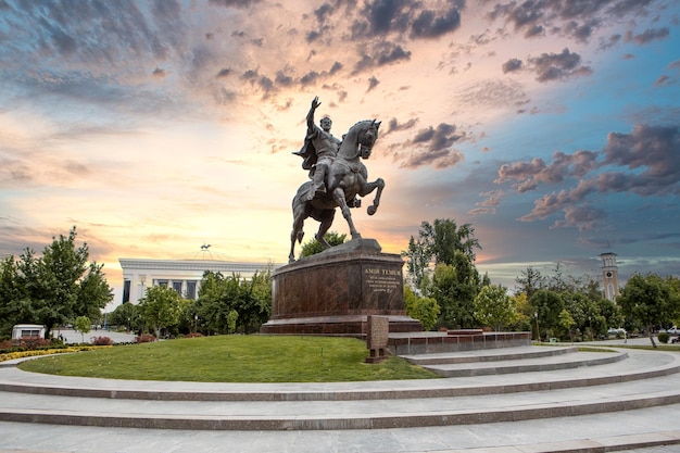 Tashkent Uzbekistan April 20 2023 Majestic monument to Amir Temur in the center of Tashkent Uzbekistan