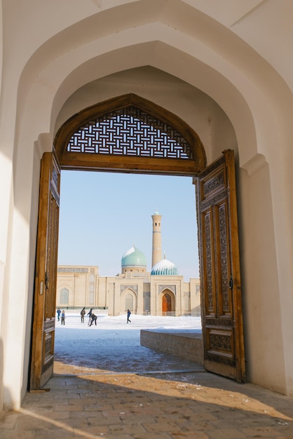 Tashkent Uzbekistan December 2020 View of the Old City from the doors of Barak Khan Madrasah