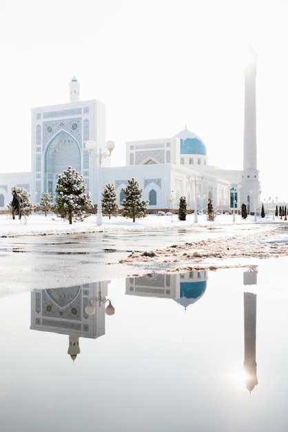 Tashkent Uzbekistan December 2020 White Mosque Minor in winter on a sunny day