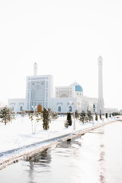 Tashkent Uzbekistan December 2020 White Mosque Minor in winter on a sunny day