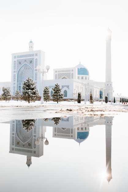 Tashkent Uzbekistan December 2020 White Mosque Minor in winter on a sunny day